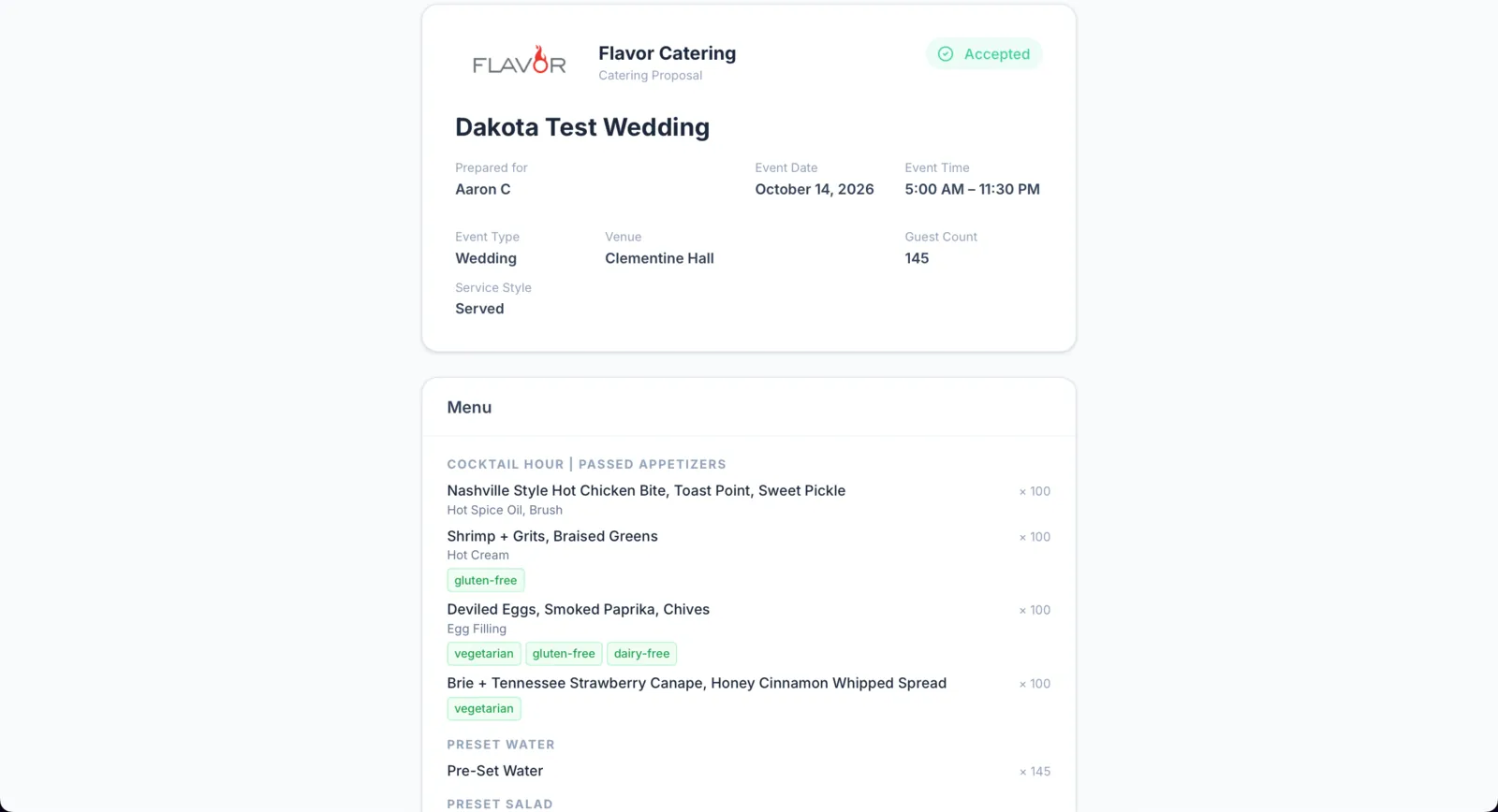 Client-facing REUX catering proposal marked accepted