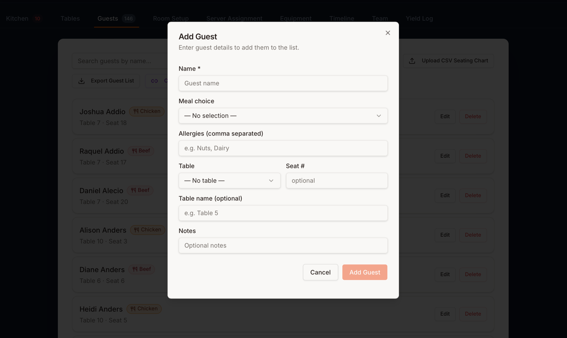 REUX guest check-in with meal and allergy details