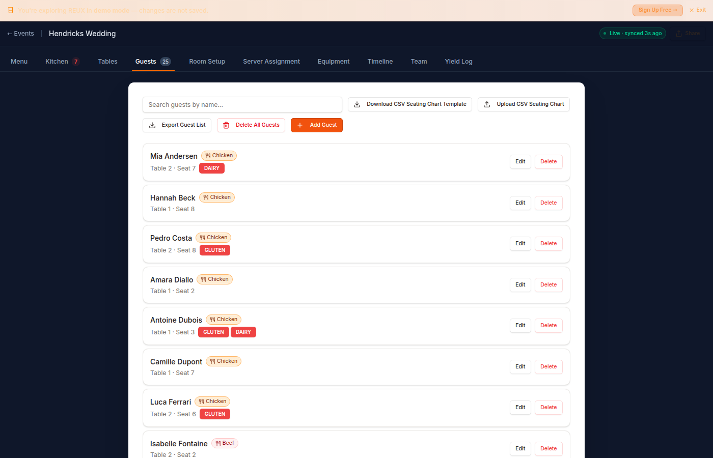 REUX guest list with allergy tracking