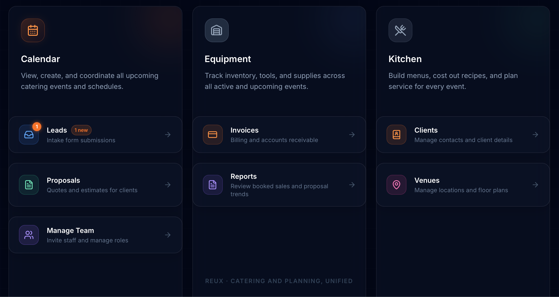 REUX catering event management dashboard