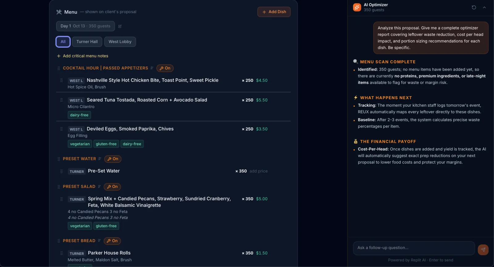 REUX proposal editor with menu sections, item pricing and dietary tags