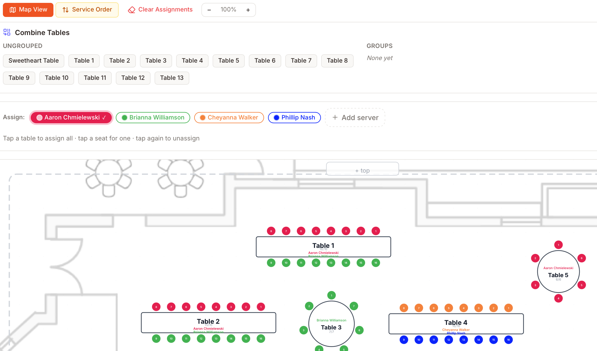 REUX server assignment map with color-coded sections