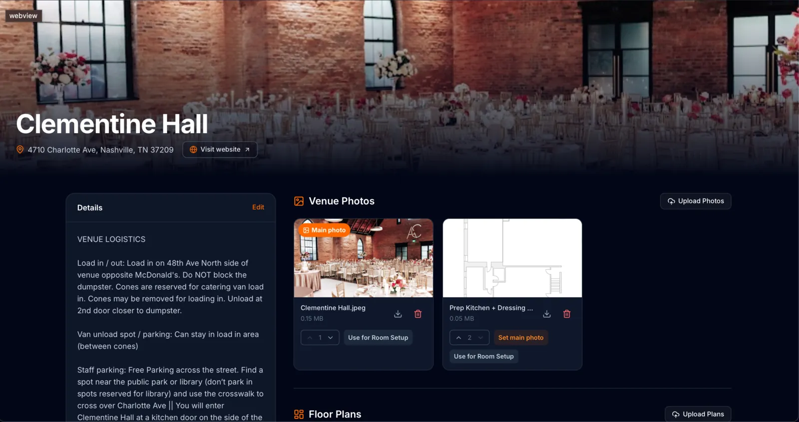 REUX venue detail with logistics notes, photos and floor plans